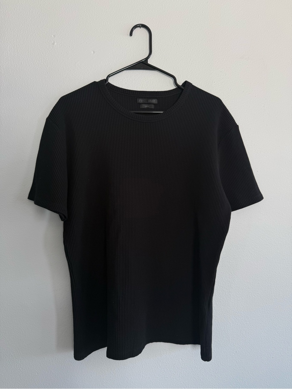 ZARA Men’s Black Ribbed Slim Fit Stretch T-Shirt Size L